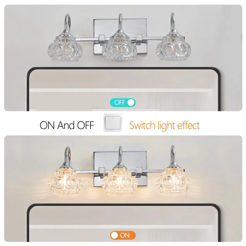 17" Elegant 3-Light Bathroom Fixture with Clear Glass Shades, Brushed Nickel Finish, Vintage Crystal Vanity Light, 17.5" L x 7" W x 6.5" H, Silver