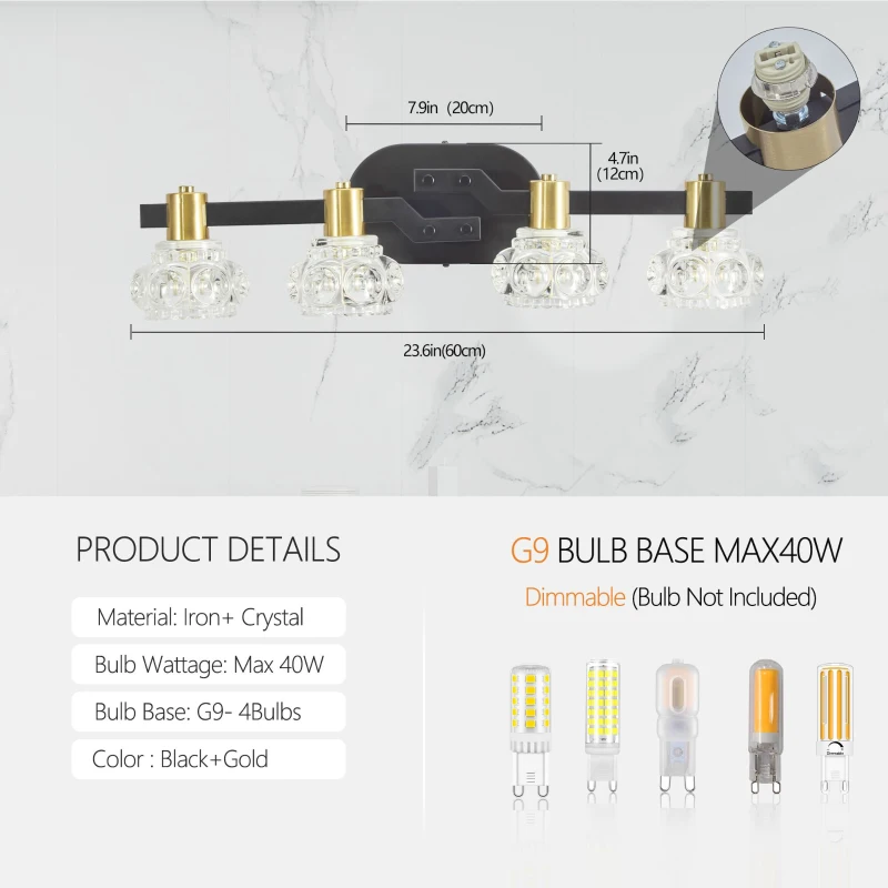 23.5" Vintage 4-Light Wall Sconce with Crystal Shades, Iron Finish, Vanity Light Fixture for Bathroom, Hallway, 23.5" L x 5.5" W x 5" H, Black+Gold