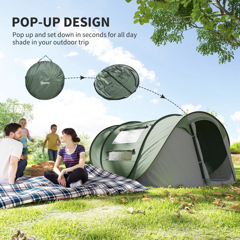 Outsunny 4 Person Camping Tent, Easy Pop Up Tent with Doors, Windows and Carry Bag, Automatic Setup Tent for Hiking, Dark Green
