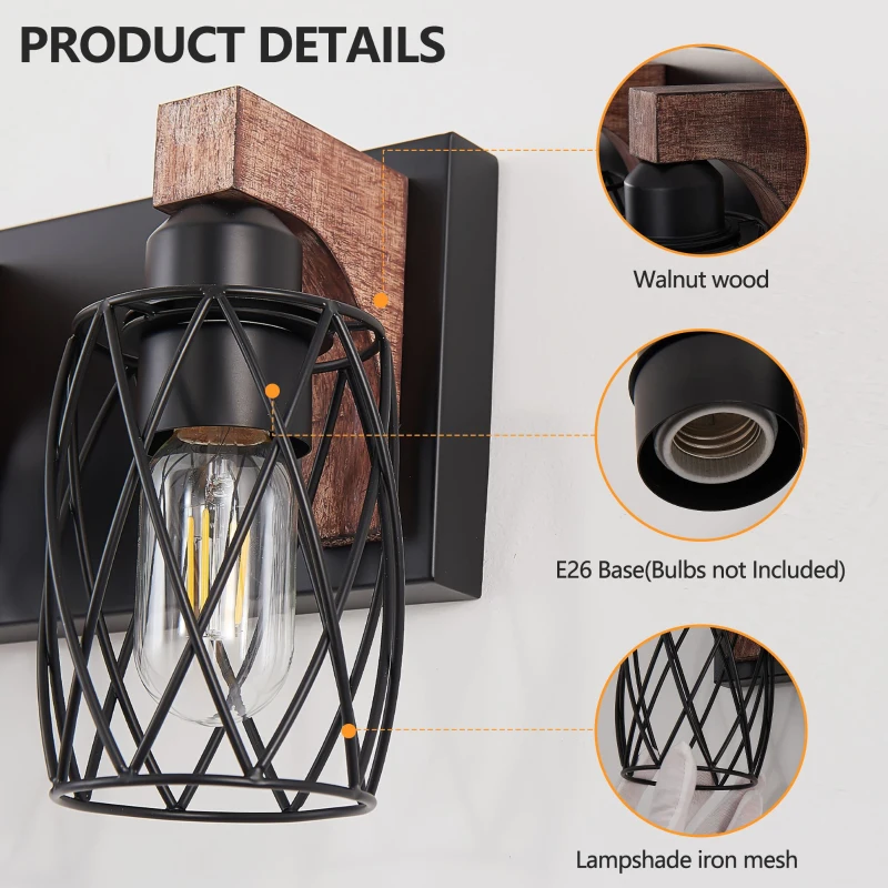 Industrial 7-Light Wall Sconce with Metal Wire Cage Shades, Wooden Accents, Ideal for Bathroom, Hallway, 44" L x 6" W x 8.5" H, Walnut+Black