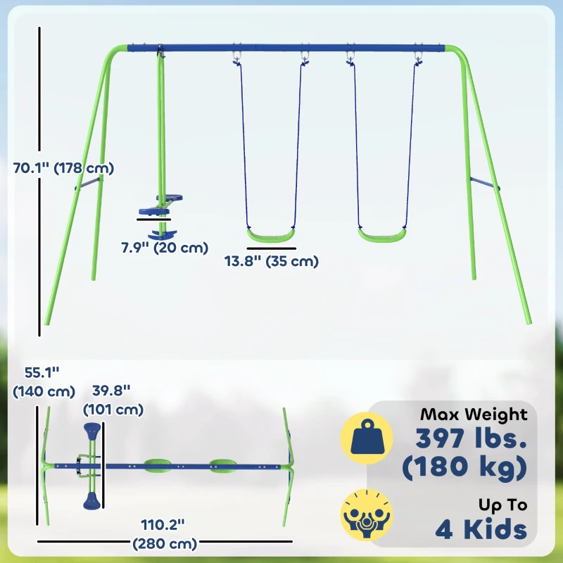 Outsunny 3 in 1 Metal Swing Set with Double Swings, Glider for Backyard, Outdoor, Playgroundt, Green
