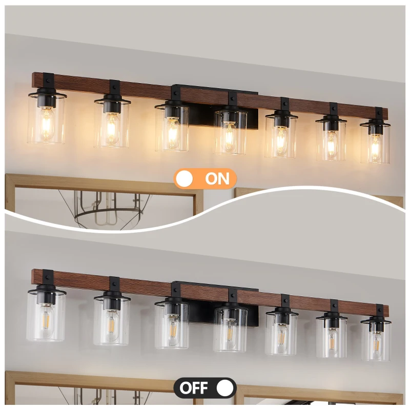 50" 7-Light Vanity Light with Glass Shades, Wood Accent, Modern Farmhouse Wall Sconce for Bathroom, 50" L x 8.5" W x 6" H, Walnut+Black