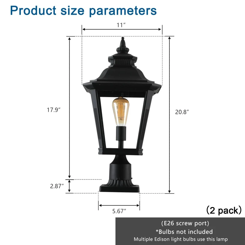 2-Pack Outdoor Post Lantern Lights with Weather-Resistant Design, Clear Glass Pillar Lamps for Garden, Driveway, 22" L x 11" W x 21" H, Black
