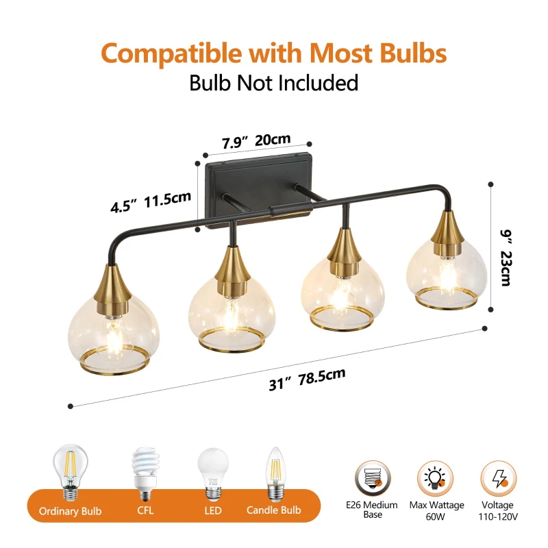 31" Modern 4-Light Vanity Wall Sconce with Clear Glass Shades, Industrial Wall Mounted Lamp for Living Spaces, 31" L x 8" W x 11" H, Black+Gold