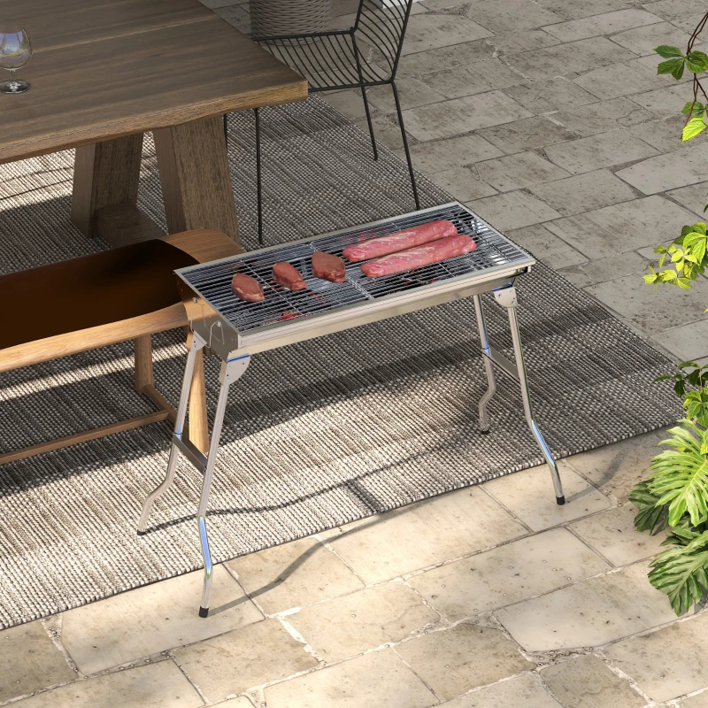 Outsunny Stainless Steel Charcoal BBQ Grill, Portable Barbecue Grill with Handles for Outdoor, Cooking, Camping, Picnic