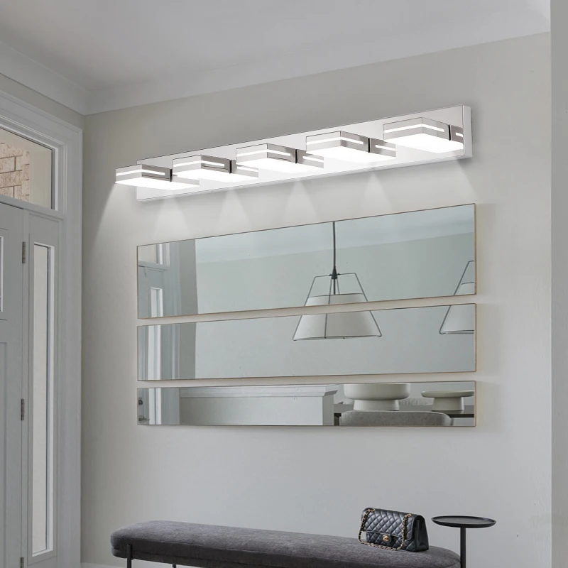 Minimalist 5-Light Wall Sconce with Geometric Lamp Heads, Sleek Chrome LED Vanity Light for Bathroom, Corridor, 40.5" L x 4.5" W x 5" H, Silver
