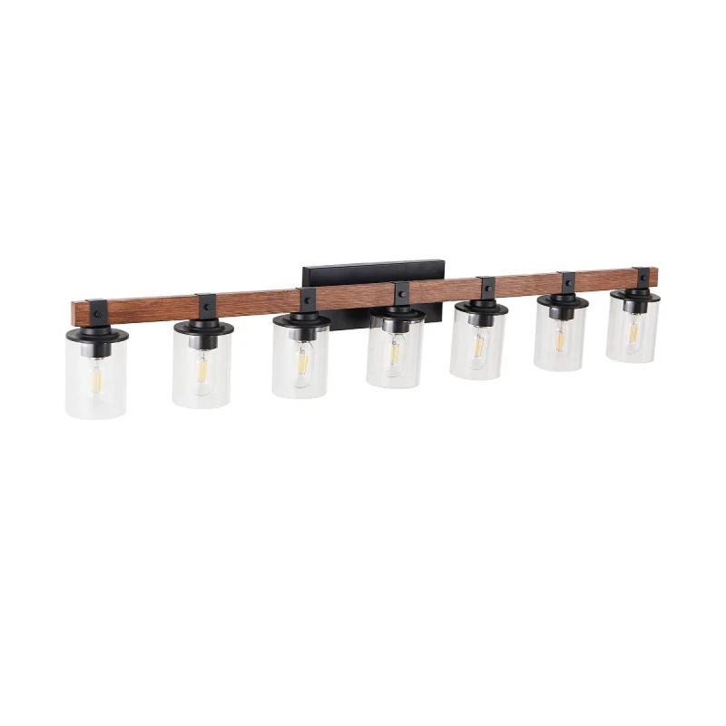 50" 7-Light Vanity Light with Glass Shades, Wood Accent, Modern Farmhouse Wall Sconce for Bathroom, 50" L x 8.5" W x 6" H, Walnut+Black