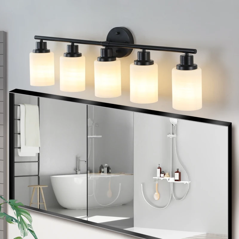31" Modern 5-Light Vanity Bathroom Mirror Light with Iron Frame, Contemporary Wall Sconce for Bedroom, Dressing Room, Black+White
