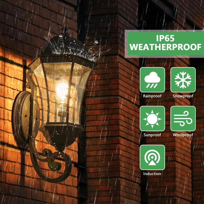 27" Outdoor Wall Lantern with Dusk to Dawn Sensor, Weatherproof Vintage Wall Sconce, Ideal for Porch, Patio, 12.5" L x 14" W x 27" H, Black