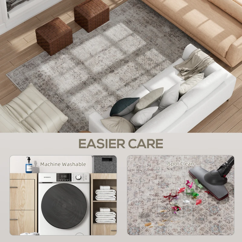 HOMCOM Machine Washable Area Rug 5x7, Non-Slip Traditional Floor Carpet for Living Room, Bedroom, Light Mixed-Brown