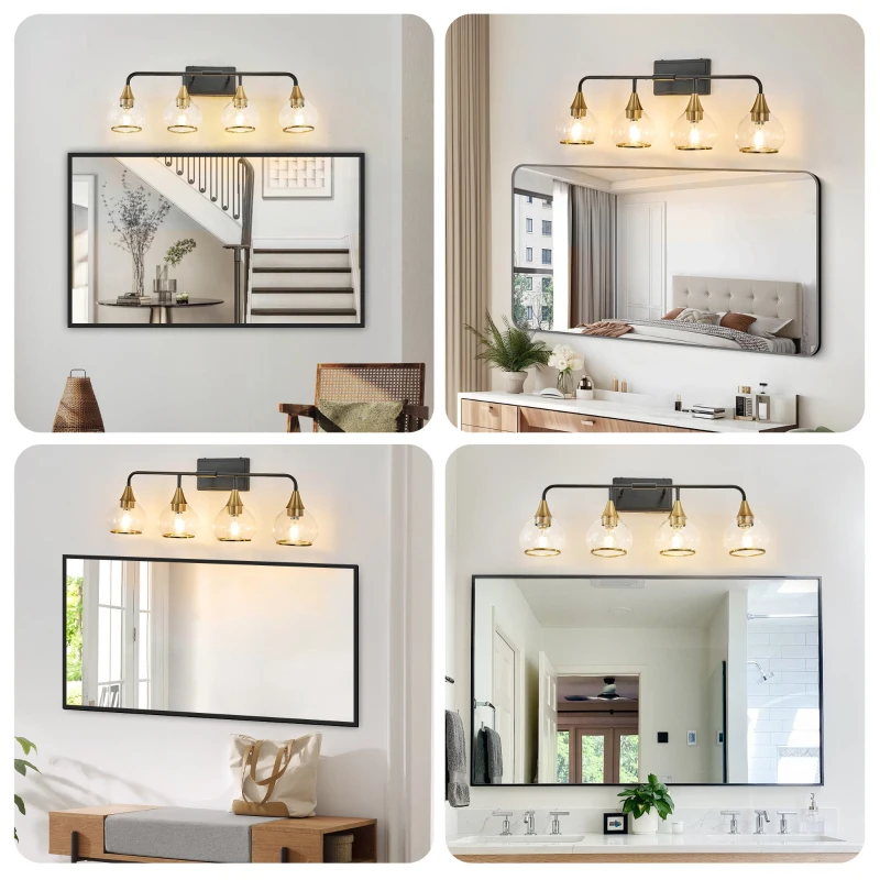 31" Modern 4-Light Vanity Wall Sconce with Clear Glass Shades, Industrial Wall Mounted Lamp for Living Spaces, 31" L x 8" W x 11" H, Black+Gold
