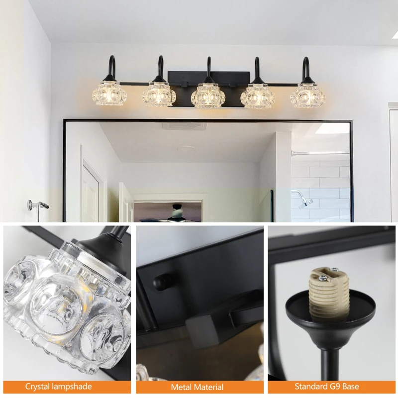 Retro 5-Light Vanity Light Fixture with Crystal Glass Shades, Metal Bracket, Perfect for Bathroom, Dressing Room, 29" L x 7" W x 6.5" H, Black