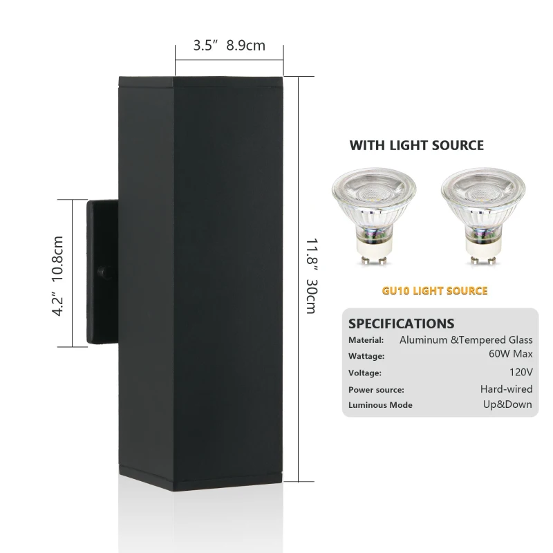 2-Pack Outdoor Wall Sconce with Weatherproof, Modern Up and Down Wall Light Fixture, Ideal for Porch, Patio, 3.5" L x 3.5" W x 12" H, Black