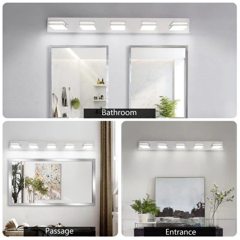 Minimalist 5-Light Wall Sconce with Geometric Lamp Heads, Sleek Chrome LED Vanity Light for Bathroom, Corridor, 40.5" L x 4.5" W x 5" H, Silver