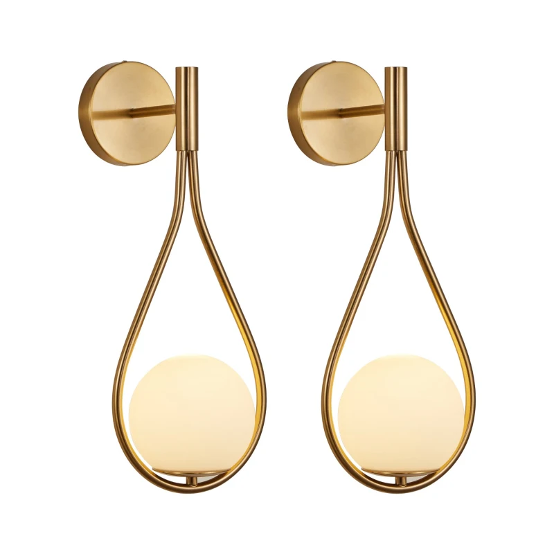 Set of 2 Modern Wall Sconces with Opal Glass Globe, Mid-Century Design, Luxury Wall Lights for Bedroom, Hallway, 7.5" L x 8" W x 18.5" H, Gold