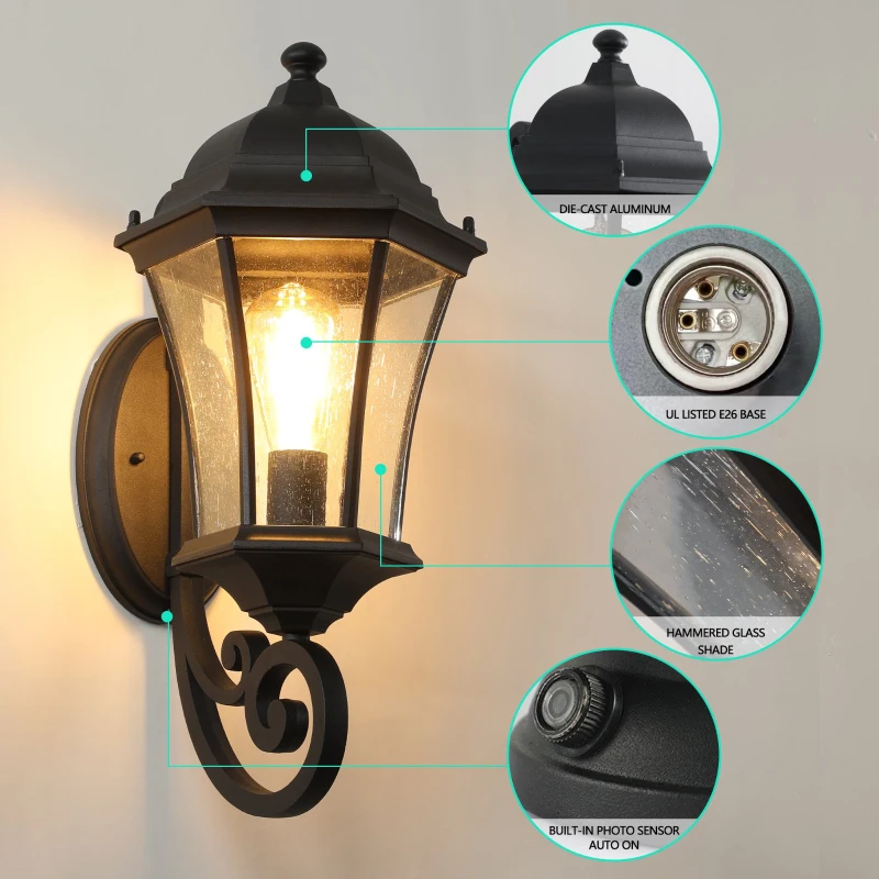 Vintage Wall-Mounted Outdoor Lantern Light with Weather-Resistant, Aluminum Sconce for Porch, Patio, 11" L x 9.5" W x 19.5" H, Black