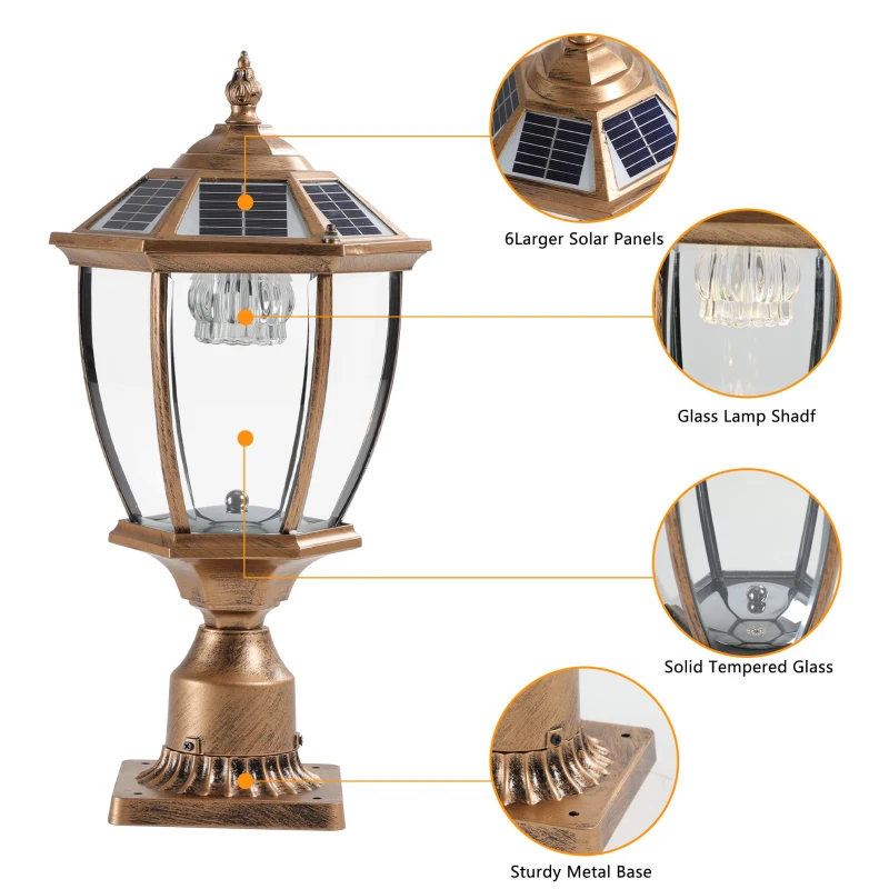 Solar Powered LED Outdoor Lantern with Elegant Glass Design, Vintage Garden Light for Pathways, Yards, Patios, 9.5" L x 9.5" W x 20" H, Bronze