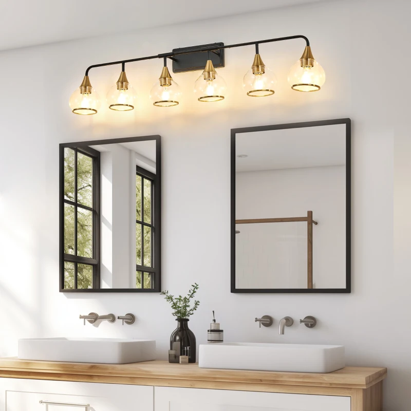 48" Modern 6-Light Vanity Wall Sconce with Clear Glass Shades, Wall Mounted Lamp for Bathroom, Living Room, 48" L x 8" W x 11" H, Black+Gold