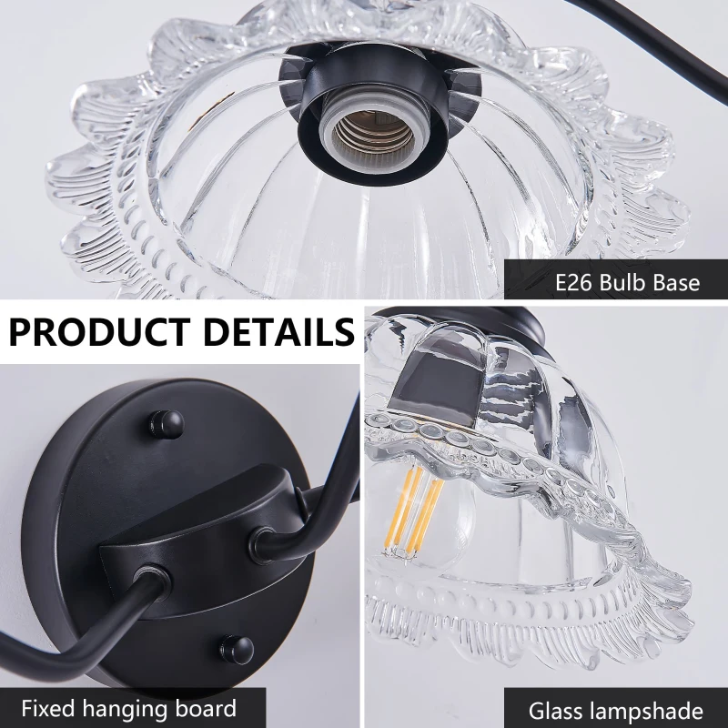 24" Vintage 3-Light Wall Sconce with Clear Glass Lampshades, Vanity Fixture for Bathroom, Hallway, Bedroom, 24" L x 12" W x 8" H, Black