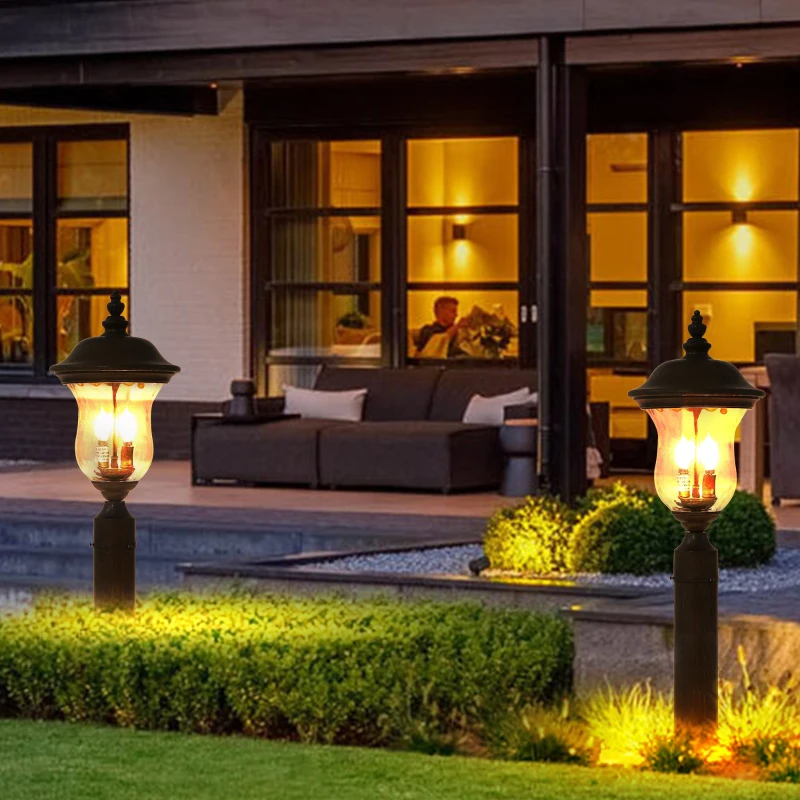 Vintage Outdoor Lamp Post Light with Clear Glass Shade, Classic Bronze Finish, Ideal for Yard, Porch, 10" L x 10" W x 21" H, Brown+Bronze