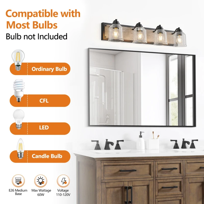 31.5" Farmhouse 4-Light Wall Sconce with Clear Glass Shades, Wooden Backboards, Industrial Vanity Light Fixture, 31.5" L x 7" W x 7" H, Black