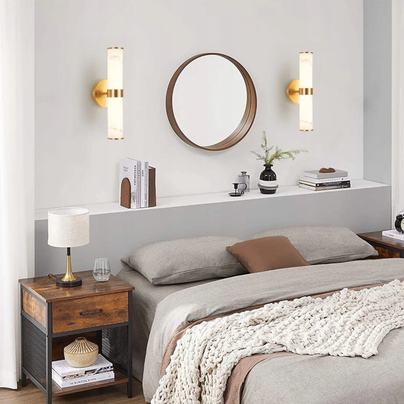 Set of 2 Resin Wall Sconces with Gold Accents, Easy Installation, Indoor Vertical Light Fixture with Marble Texture, 5" L x 5.5" W x 14" H, Gold