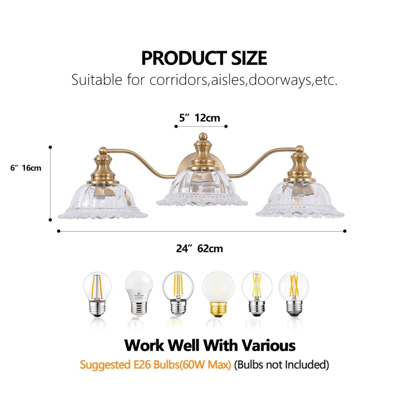 3-Light Vintage Wall Sconce with Golden Finish, Clear Glass Shades, Elegant Vanity Light Fixture for Bathroom, 24" L x 12" W x 8" H, Gold