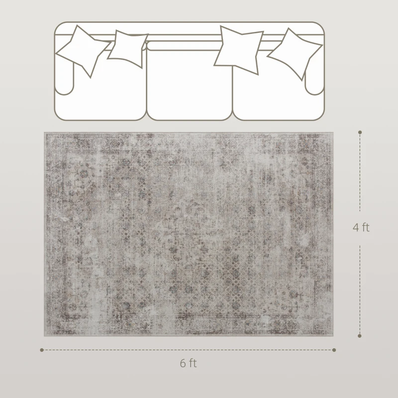 HOMCOM Machine Washable Area Rug 4x6, Non-Slip Traditional Floor Carpet for Living Room, Bedroom, Light Mixed-Brown