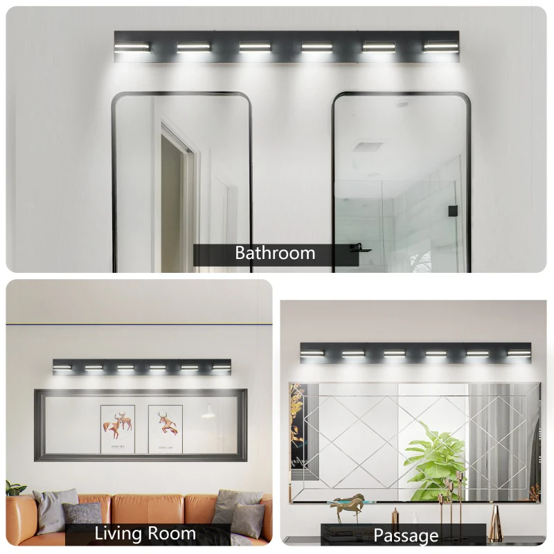 Modern Energy-Efficient 6-Light Wall Sconce with Geometric Design, LED Vanity Light for Bathroom, Makeup Areas, 47" L x 4.5" W x 5" H, Black