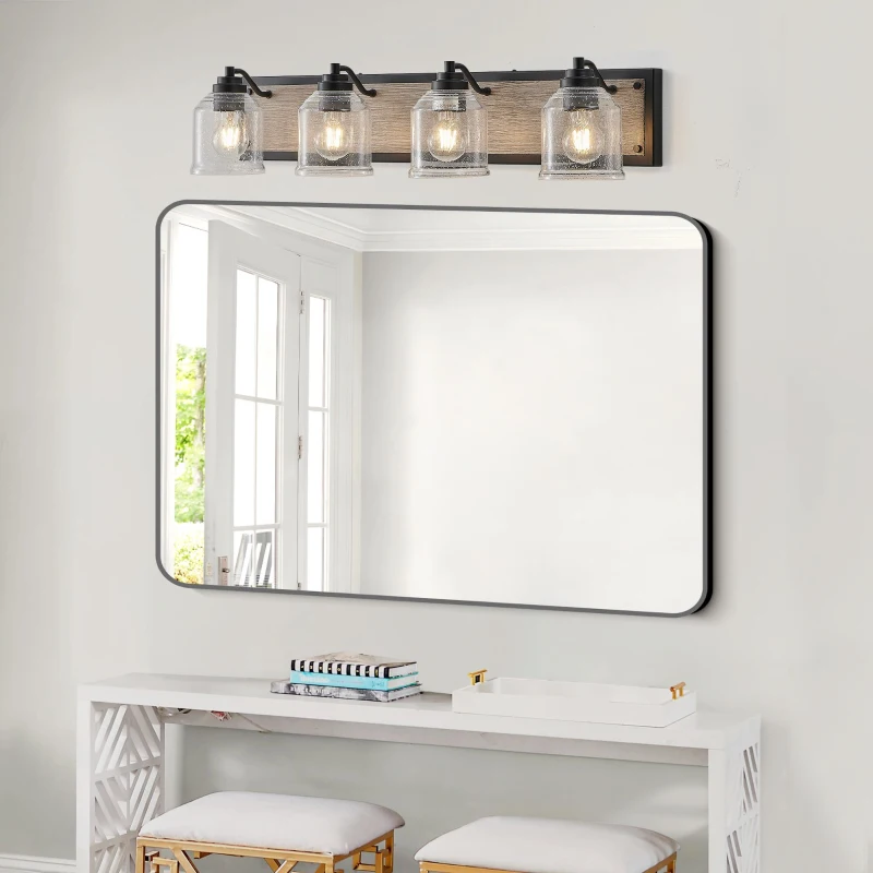 31.5" Farmhouse 4-Light Wall Sconce with Clear Glass Shades, Wooden Backboards, Industrial Vanity Light Fixture, 31.5" L x 7" W x 7" H, Black