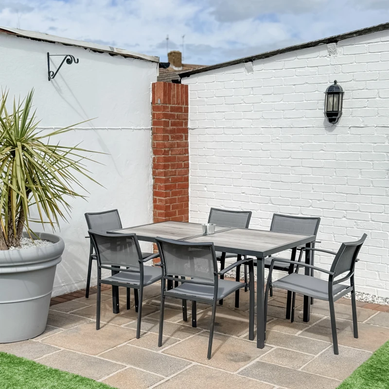 Outsunny 7 Pieces Outdoor Dining Set with 6 Stackable Chairs, Patio Table and Chairs with Plastic Top, Breathable Mesh Seat Back