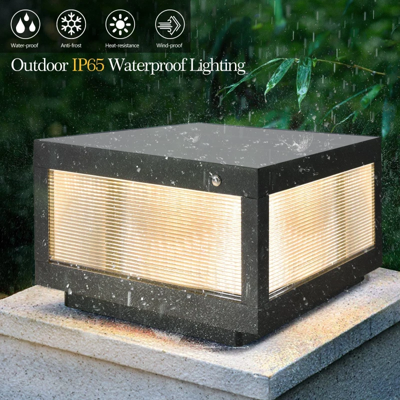 12" Solar Powered LED Post Cap Light with IP65 Waterproof, Modern Outdoor Fence Light for Pathways, Decks, Patios, 12" L x 12" W x 8" H, Black