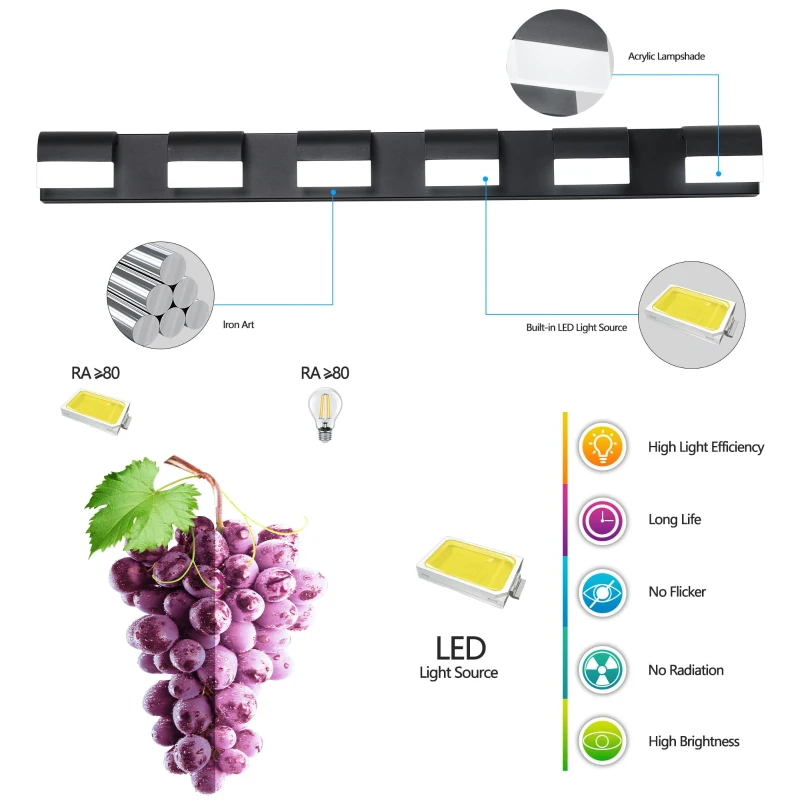 Modern Bathroom Vanity Lighting with 6-Light LED, Mirror Bath Wall Fixture, Dimmable, Energy-Saving, 46.5" L x 3.5" W x 4.5" H, Black