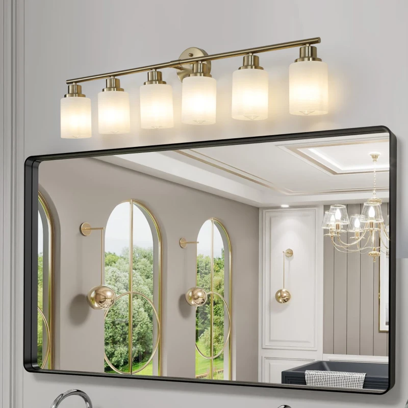 38.5" Modern 6-Light Vanity Wall Sconce with Frosted Glass Shades, Golden Finish, Easy Installation, 38.5" L x 6.5" W x 10" H, Gold