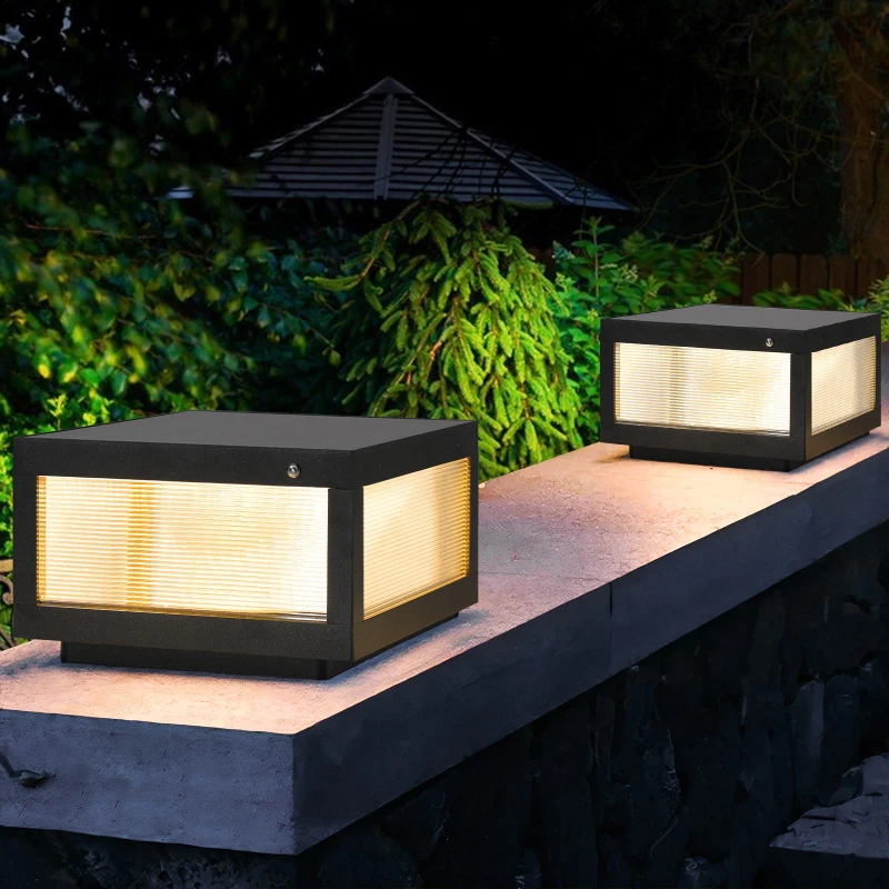 2-Pack Solar Powered LED Post Cap Light with Modern design, Modern Outdoor Fence Light for Pathways, Decks, 12" L x 12" W x 8" H, Black
