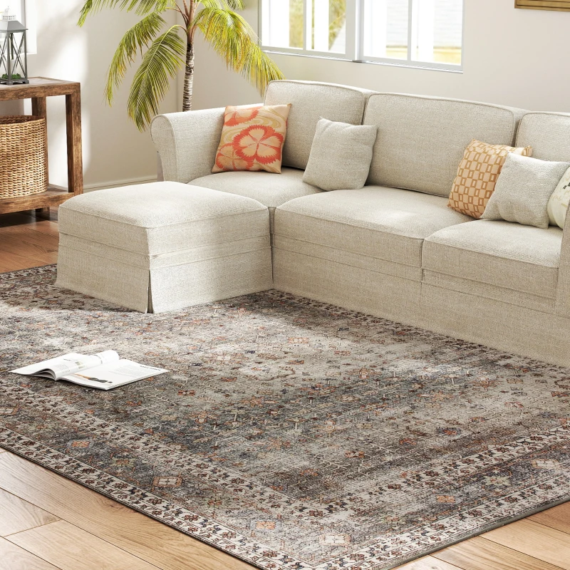 HOMCOM Machine Washable Area Rug 8x10, Non-Slip Traditional Floor Cover Foldable Carpet for Living Room, Dark Mixed-Brown