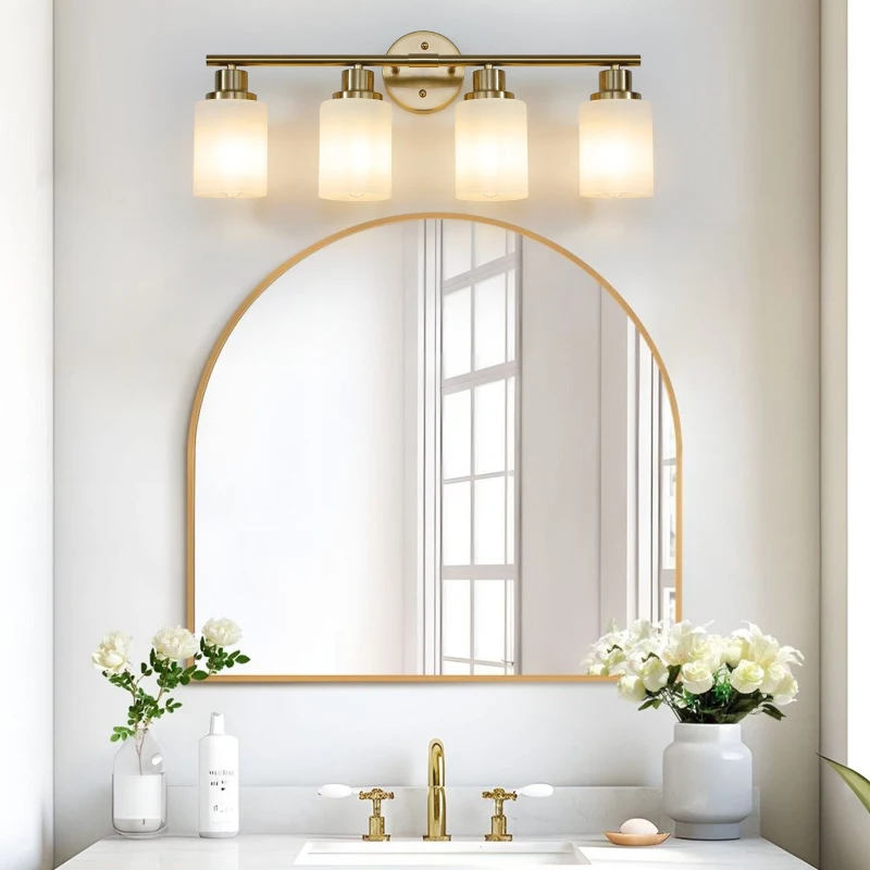 24.5" Modern 4-Light Vanity Wall Sconce with Frosted Glass Shades, Hard-Wired Bathroom Lighting Fixture, 24.5" L x 6.5" W x 10" H, Gold