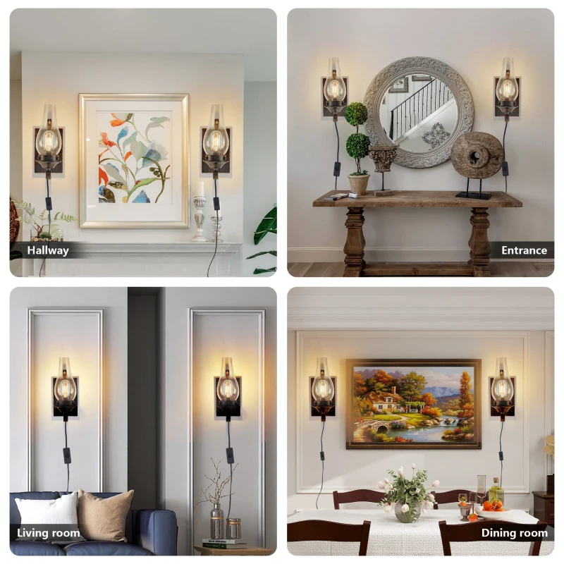 Set of 2 Rustic Farmhouse Wall Sconces with Glass Shade, Easy Installation, Vintage Industrial Plug-in Wall Lights, 5" L x 5" W x 12" H, Black+Gold