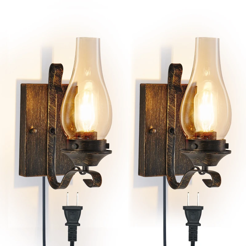 Set of 2 Rustic Farmhouse Wall Sconces with Glass Shade, Easy Installation, Vintage Industrial Plug-in Wall Lights, 5" L x 5" W x 12" H, Black+Gold