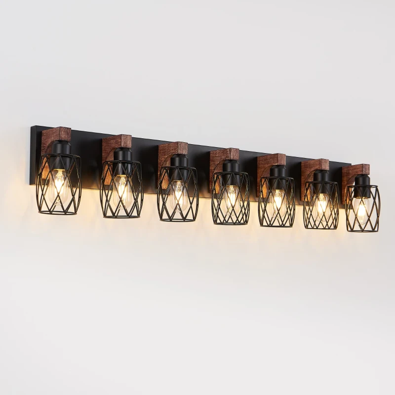 Industrial 7-Light Wall Sconce with Metal Wire Cage Shades, Wooden Accents, Ideal for Bathroom, Hallway, 44" L x 6" W x 8.5" H, Walnut+Black