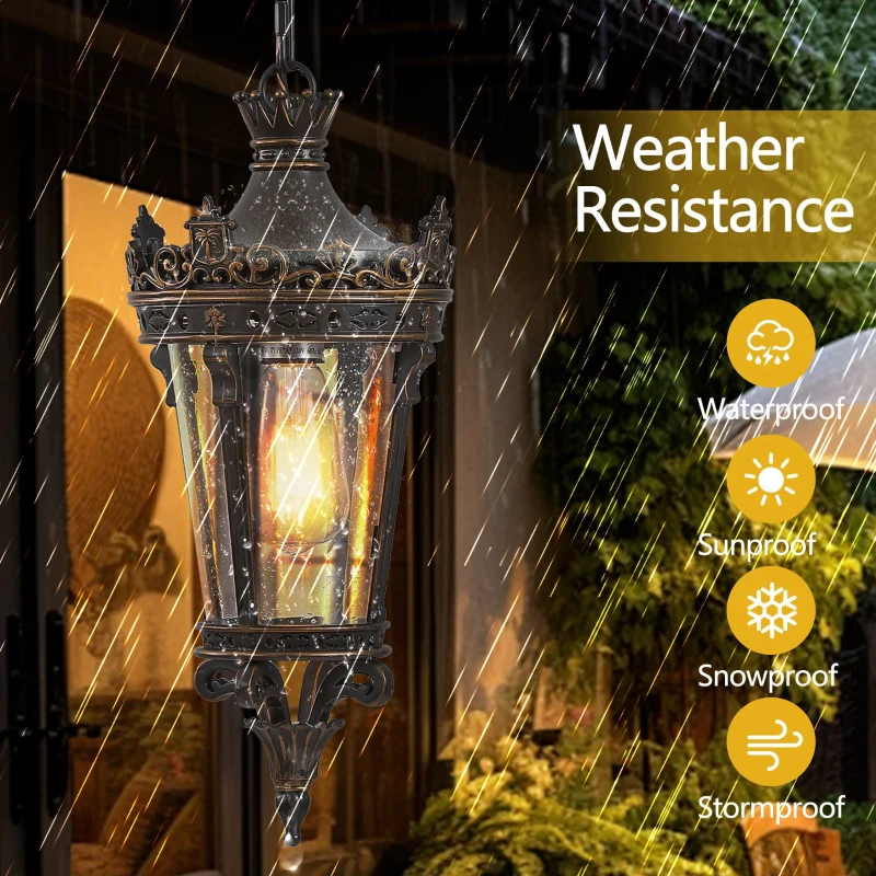Antique Crown Outdoor Hanging Lantern with Ornate Metal Design, Waterproof Vintage Pendant Light, 8" L x 8" W x 18" H, Coffee+Golden