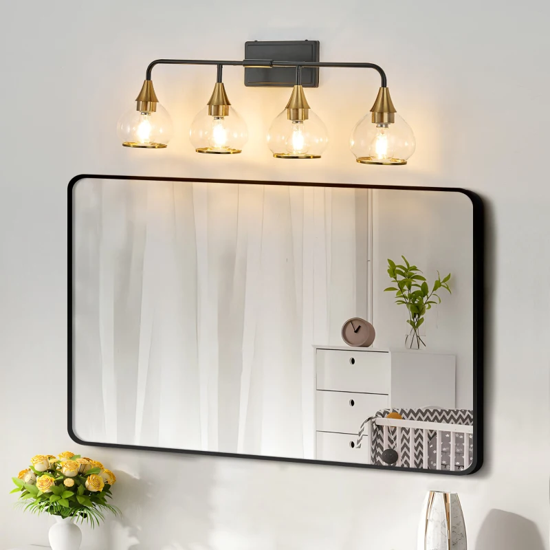 31" Modern 4-Light Vanity Wall Sconce with Clear Glass Shades, Industrial Wall Mounted Lamp for Living Spaces, 31" L x 8" W x 11" H, Black+Gold