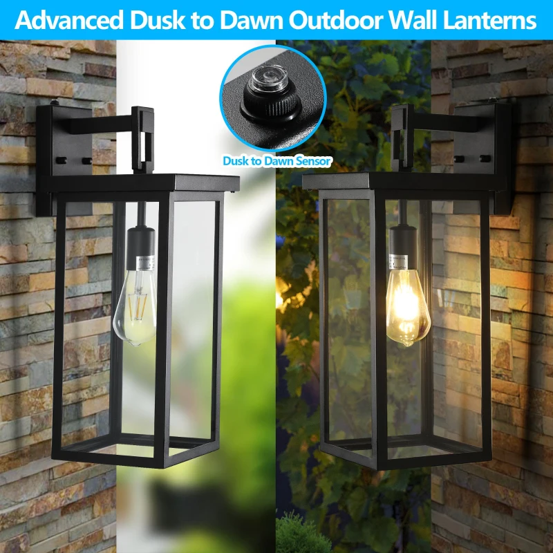 Set of 2 Modern Outdoor Wall Lanterns with Clear Glass, Ambient Light Sensors, Weatherproof Design, 9" L x 9.5" W x 20" H, Black
