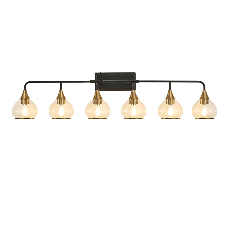48" Modern 6-Light Vanity Wall Sconce with Clear Glass Shades, Wall Mounted Lamp for Bathroom, Living Room, 48" L x 8" W x 11" H, Black+Gold