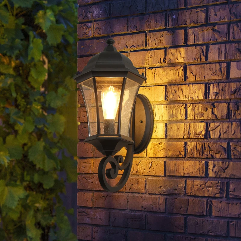 Vintage Wall-Mounted Outdoor Lantern Light with Weather-Resistant, Aluminum Sconce for Porch, Patio, 11" L x 9.5" W x 19.5" H, Black