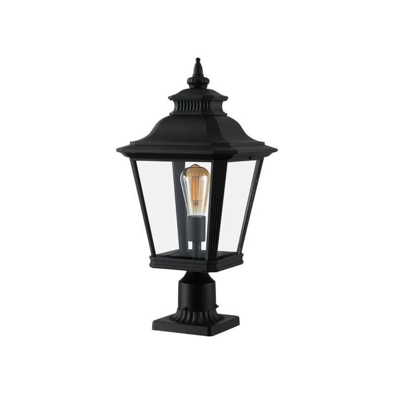 Outdoor Post Lantern Light with Pathway Lighting, Vintage Metal, Clear Glass Pillar Lamp for Garden, Gate, Driveway, 11" L x 11" W x 21" H, Black