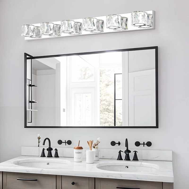 Modern 6-Light LED Wall Sconce with Clear Crystal Shades, Built-In LED Lighting, Elegant Bathroom Vanity Light, 41" L x 4.5" W x 4.5" H, Silver
