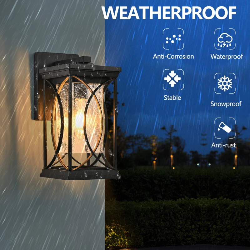 Outdoor Wall Lantern with Crackled Glass, Weather-Resistant Exterior Light Fixture for Porch, Patio, Entryway, 6.5" L x 8.5" W x 14" H, Black