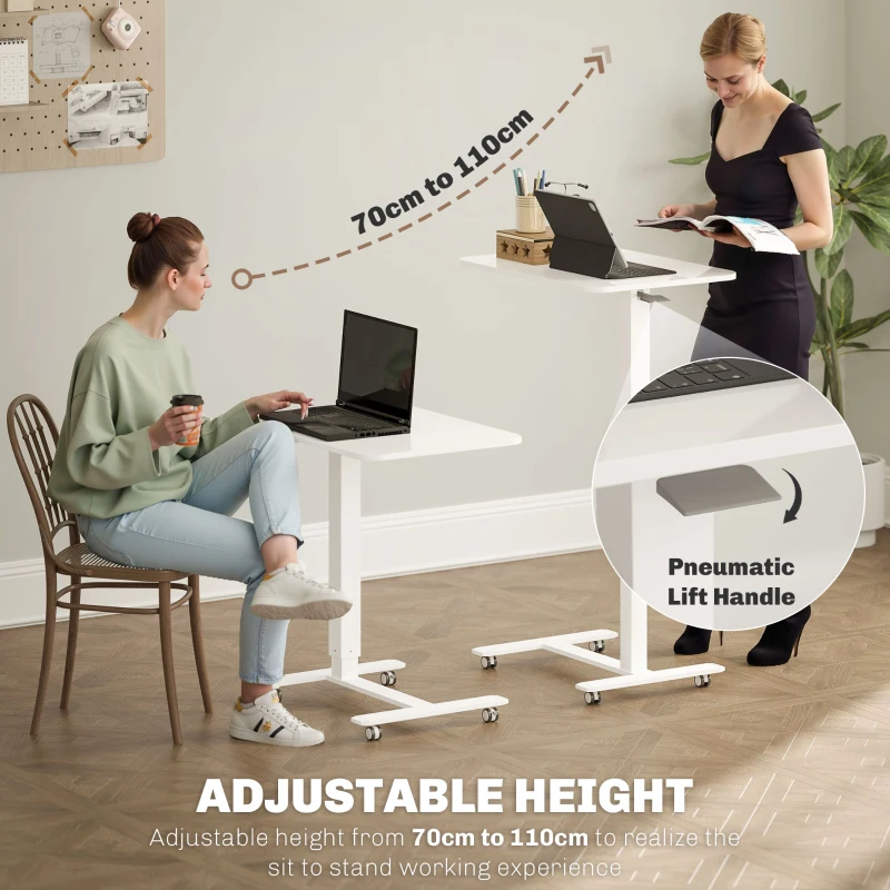 HOMCOM Pneumatic Standing Desk Adjustable Height, Mobile Stand Up Desk with Wheels, 43 Inch Portable Rolling Table, White