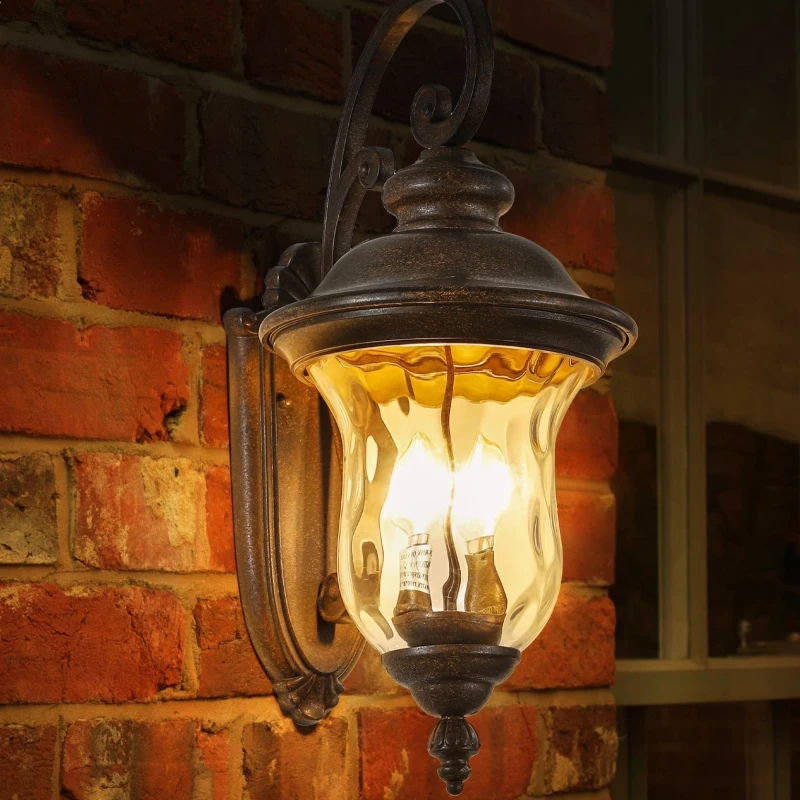 Vintage Outdoor Wall Lantern with Clear Glass Shade, Waterproof Wall Mount Fixture for Patio, Porch, 14" L x 10" W x 22" H, Brown+Bronze